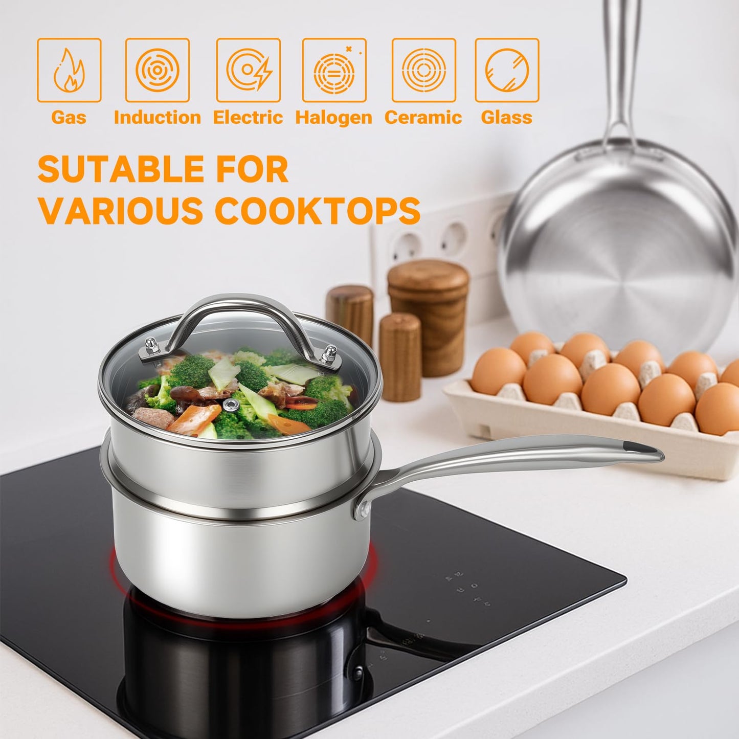 Ohtomber Stainless Steel Sauce Pan - Tri-Ply 1.5 Quarts Steamer for Cooking, Small Cooking Pot with Steamer Basket, Sauce Pan with Lid, Non Stick Saucepan, Induction Steam Pot for Vegetable, Oatmeal