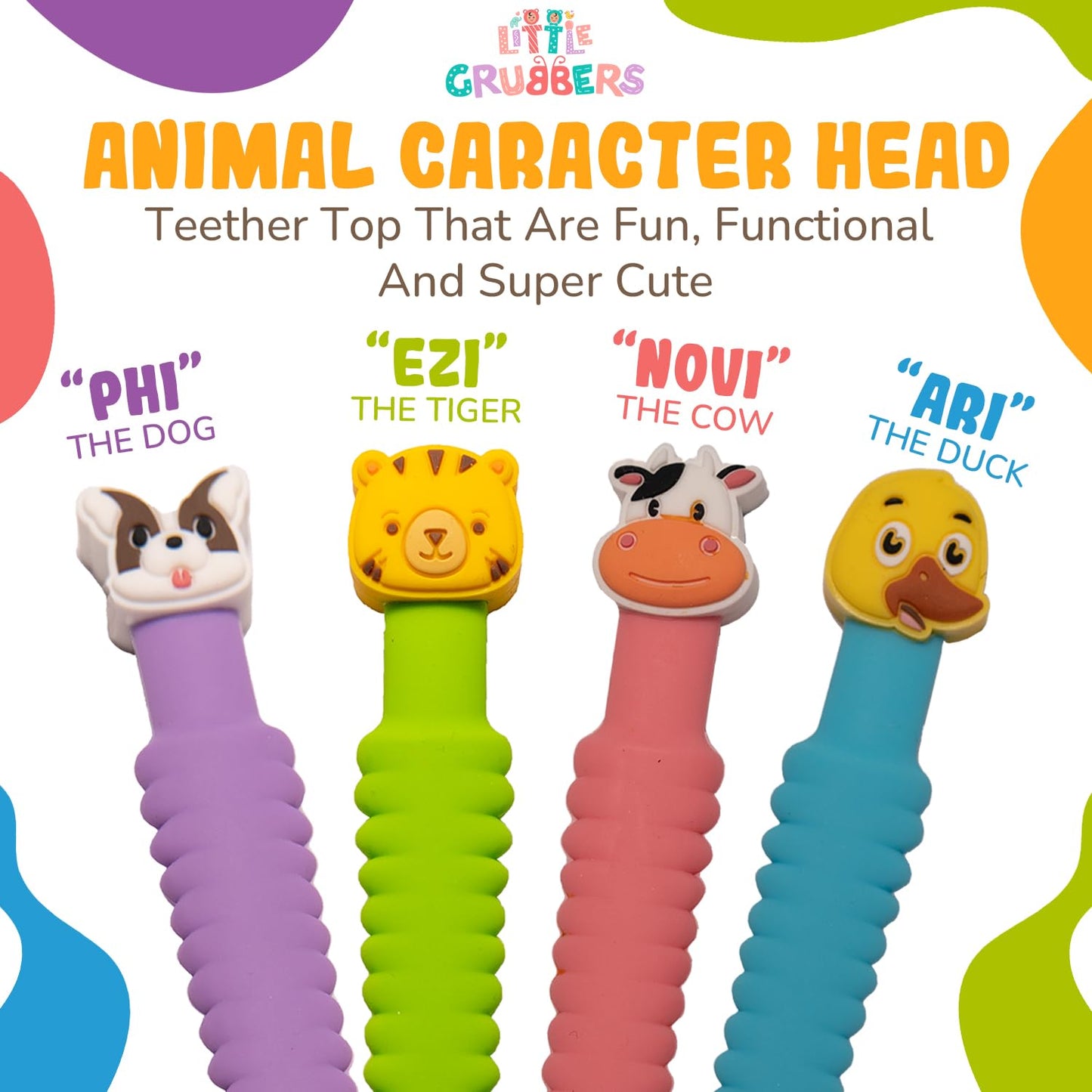 Little Grubbers 3-in-1 Silicone Baby Spoon Self Feeding 6+ Months - Pediatric OT Designed Teether Spoon, BPA Free Infant Toddler Utensils, Mess-Free, Fun for Baby Led Weaning Supplies - 4 Pack