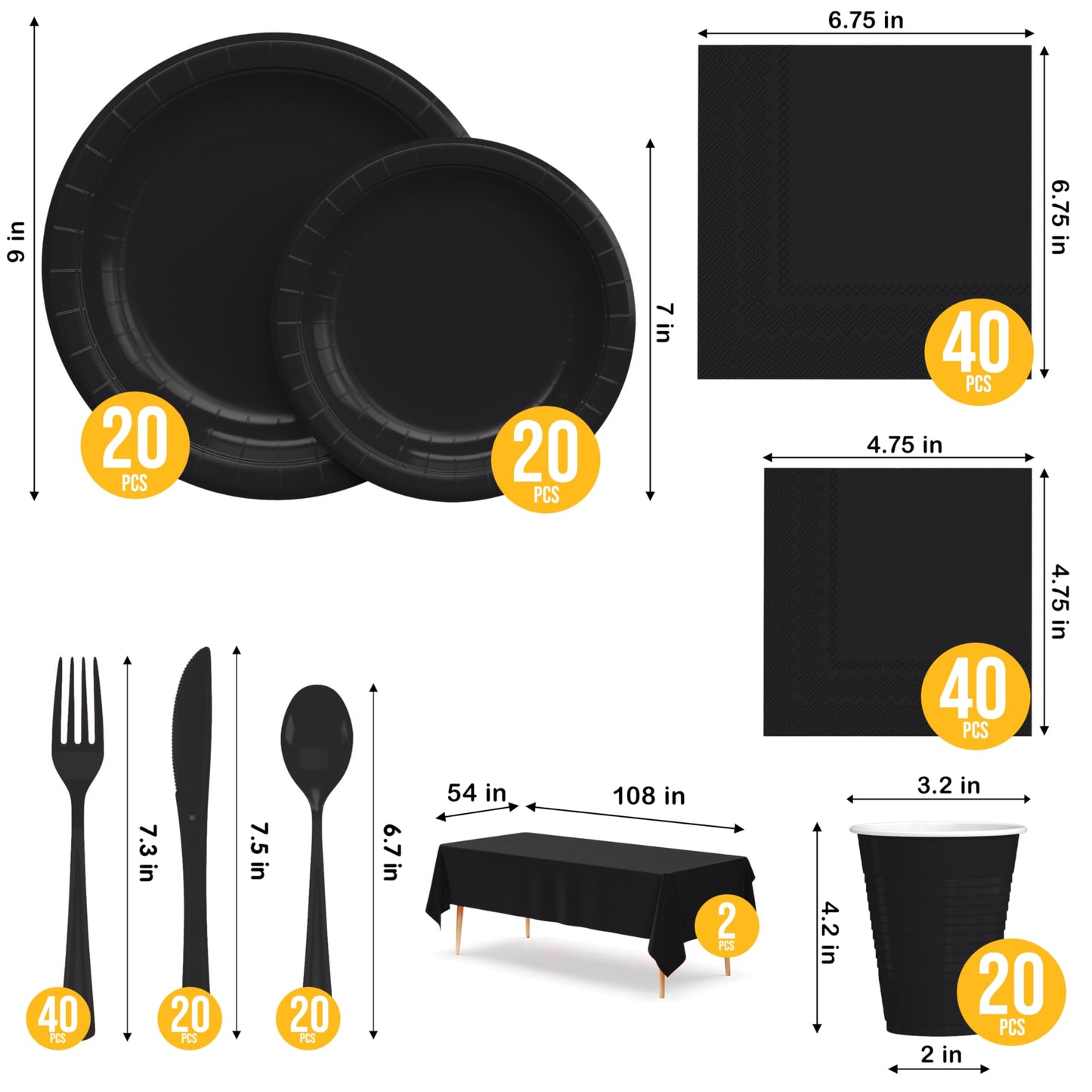 Party Solids 222 Pcs Black Paper Plates and Napkins Sets, Disposable Plates For Party, Lunch & Cocktail Napkins Paper, 18oz Plastic Cups, Cutlery and Black Table cloth Plastic Dinnerware Set
