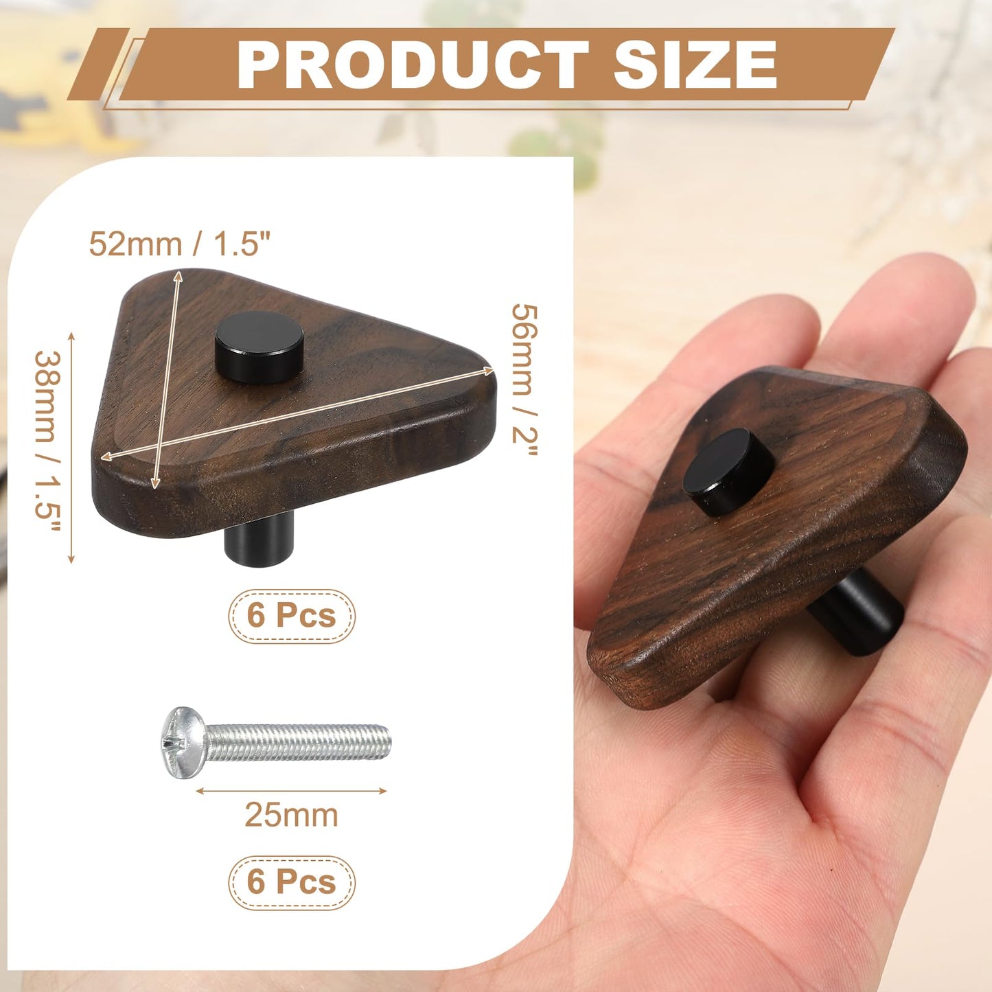 uxcell 6 Pcs Wood Cabinet Knobs, 2.2 Inch Triangular Single Hole Wooden Drawer Knobs Mushroom Shape Handle Pulls with Screws for Furniture Closet Dresser, Black Wood Color