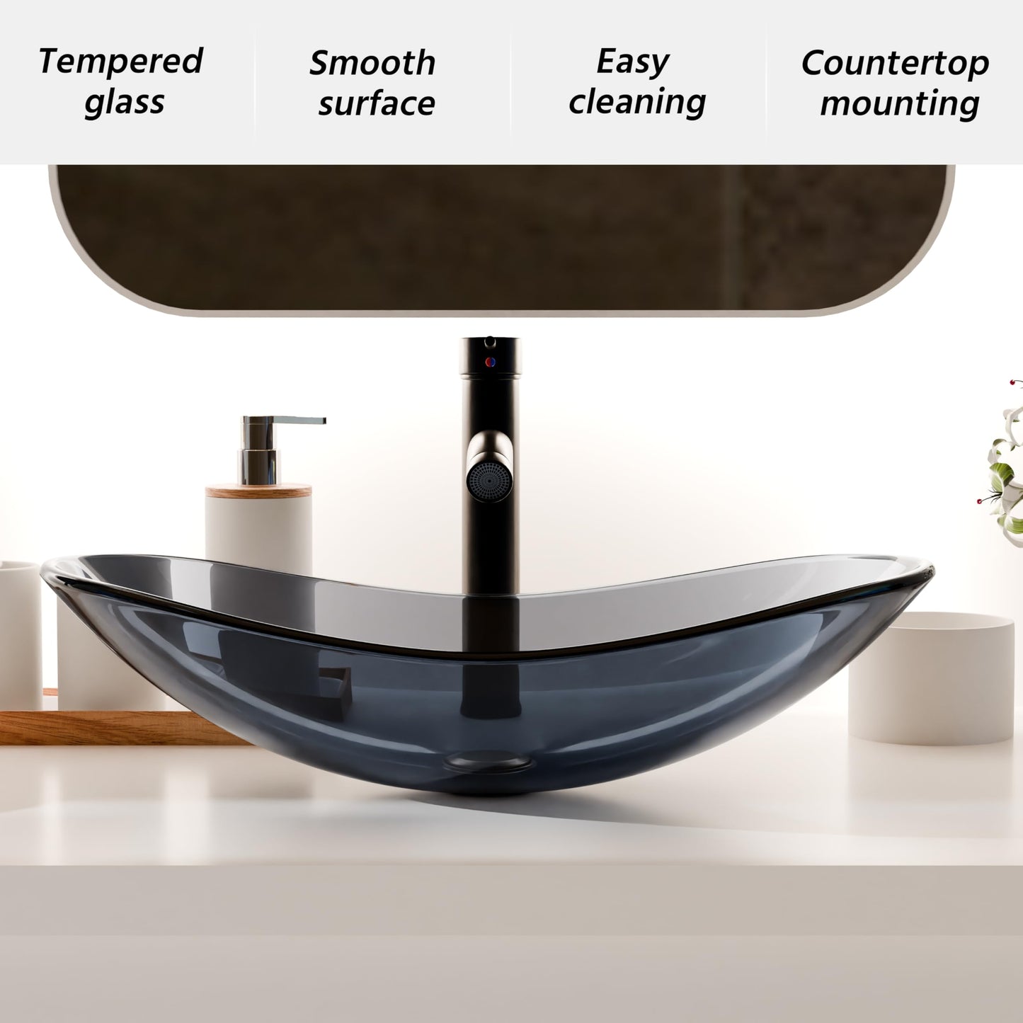 YIMAI Ingenuity Vessel Sink Bathroom Sinks Tempered Glass Art Basin 20.8"x13.7" Oval Bowl Above Counter with Faucet and Pop-Up Drain Combo, Oval Clear Grey,Modern Countertop Bowl Sink