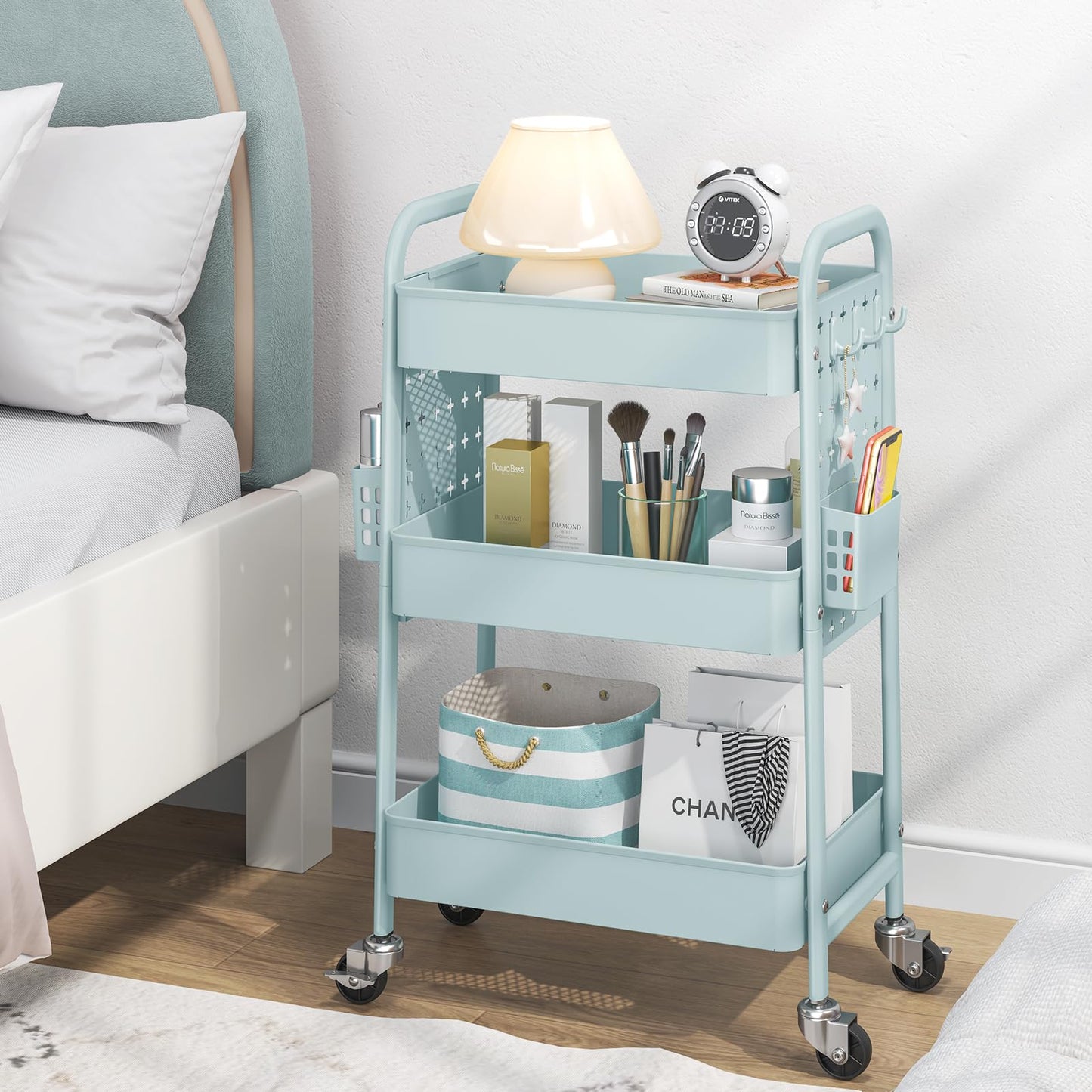TOOLF Metal Rolling Storage Cart, 3-Tier Utility Mobile Cart with DIY Pegboards, Serving Trolley Cart with Baskets Hooks, for Kitchen, Bathroom, Office, Home, Classroom (Mint Green)