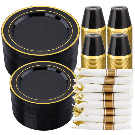 realluck 350 PCS Black Plastic Dinnerware Set for 50 Guests, 100 Disposable Plates for Party, 50 Pre Rolled Napkins with Gold Silverware, 50 Cups for Graduation
