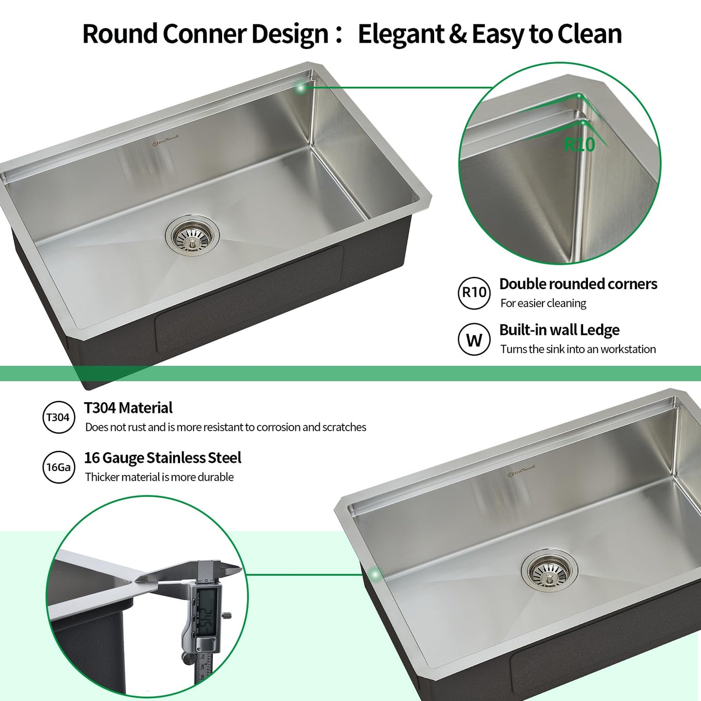 EcoChannels Undermount Kitchen Sink, 30 x 19 Inch Sink Kitchen 16 Gauge Stainless Steel Kitchen Sinks Single Bowl Workstation Sink with Cutting Board