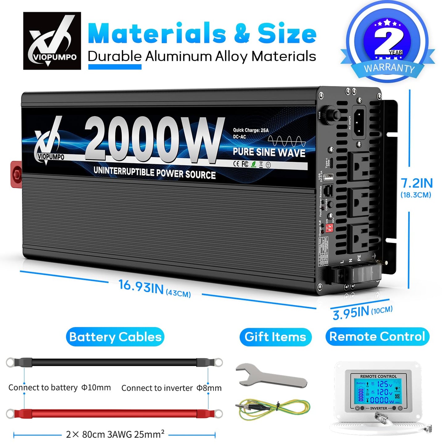 2000 Watt sump pump backup battery system, automatic switchover to battery inverter power, professional backup system in case of power failure, pure sine wave output Remote controller with LCD screen