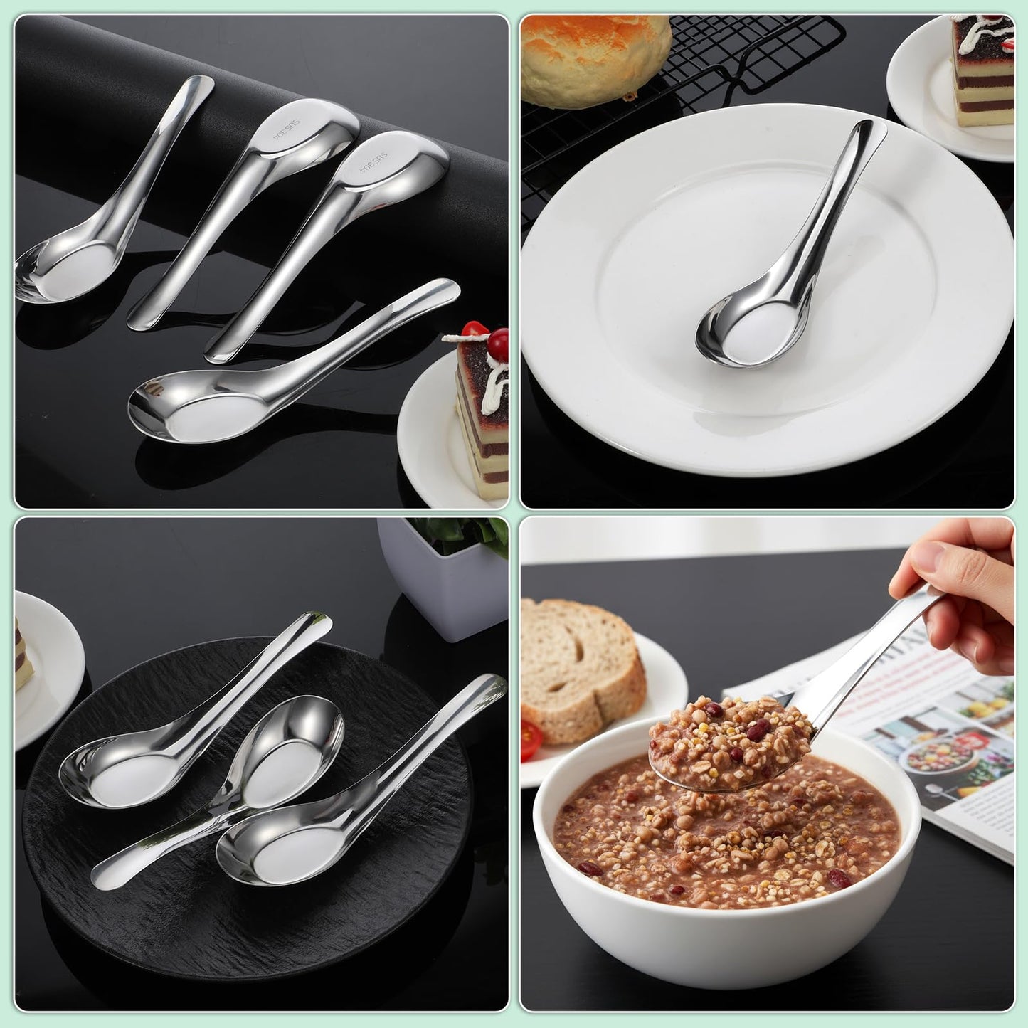 12 Pcs Soup Spoons, Stainless Steel Dinner Spoons, Stainless Steel Chinese Soup Spoon, Mirror Polished Asian Spoon for Bouillon Dessert Cereal Ramen Thai Miso, 1.8 x 6 Inch, Silver