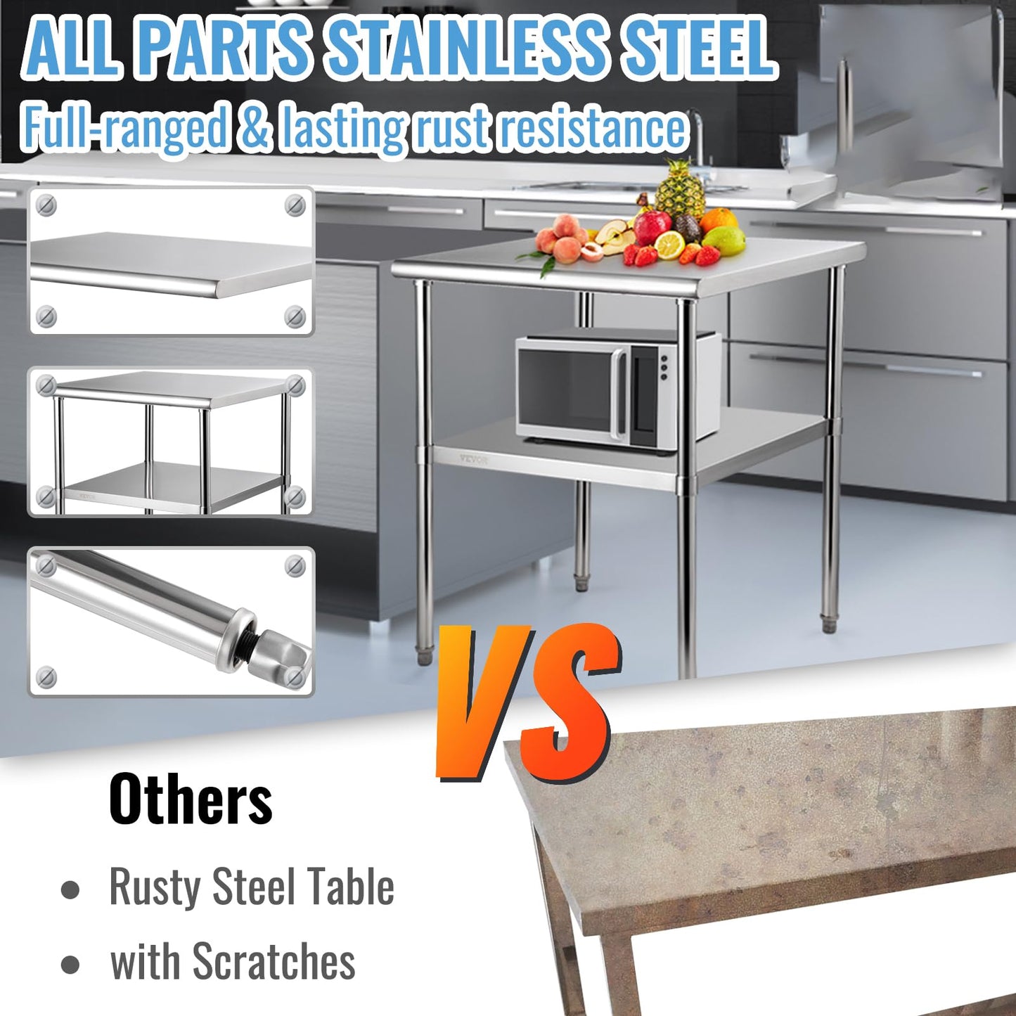 VEVOR Stainless Steel Prep Table, 30 x 30 x 36 Inch, 800lbs Load Capacity Heavy Duty Metal Worktable with Adjustable Undershelf & Feet, Commercial Workstation for Kitchen Garage Restaurant Backyard