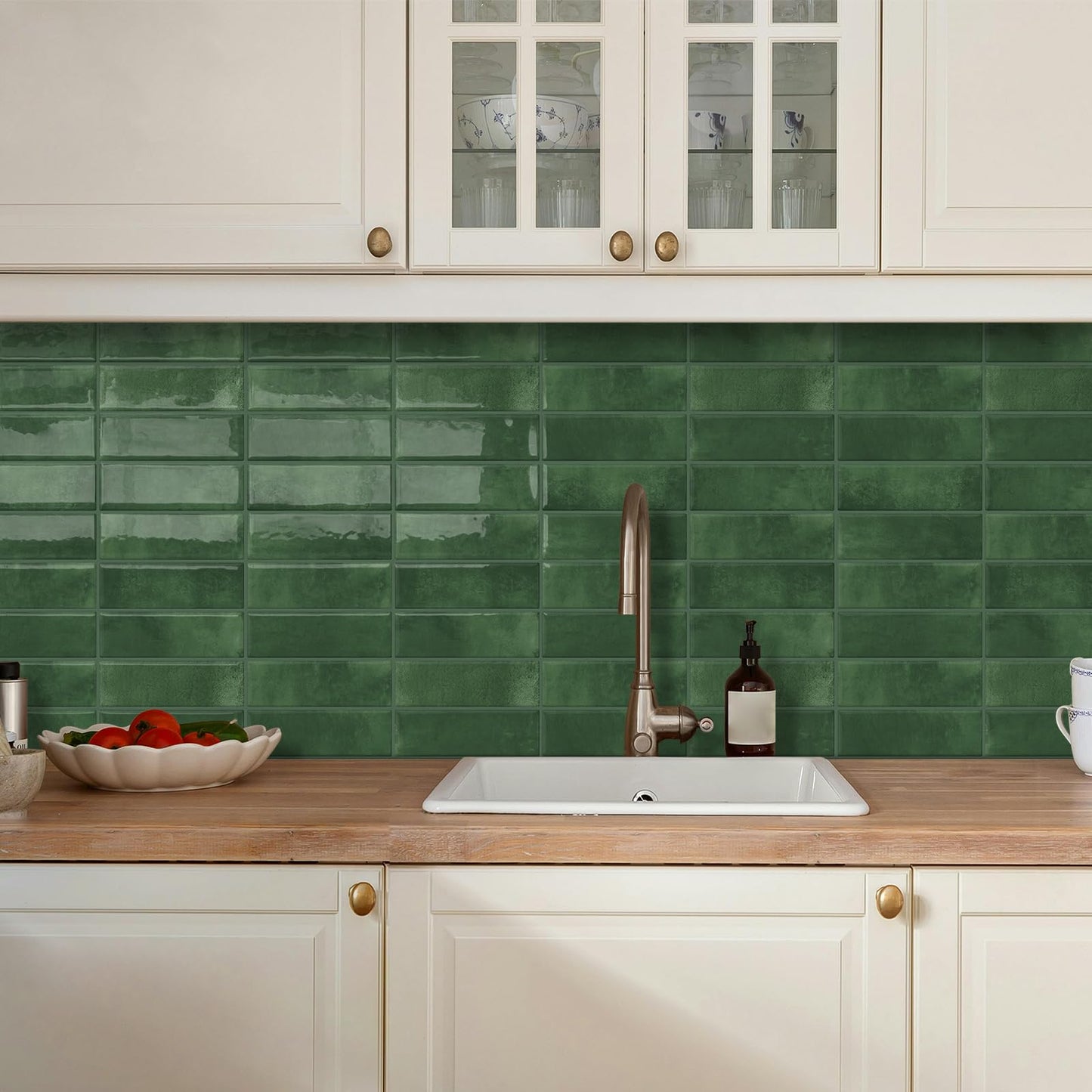 DEWOO Peel and Stick Subway Backsplash Green Kitchen Bathroom Rectangle Self Adhesive Wall Tile Brick (10-Sheet, 12"×12")