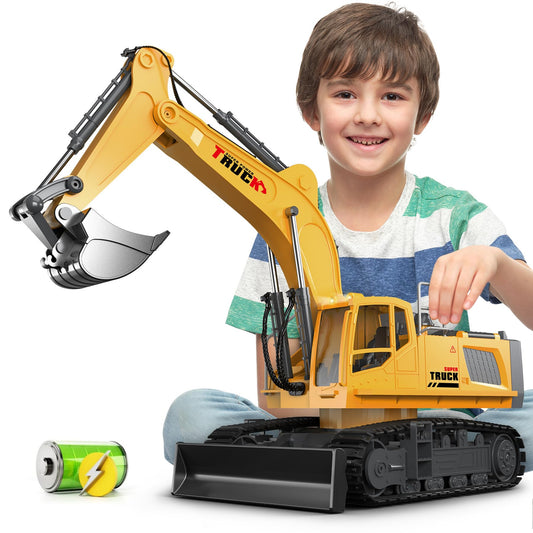 KIDMARKT 21" Large Remote Control Excavator Toy with Metal Bucket & Dozer Blade, 15-Channel RC Excavator Toys for Boys 6+ Kids Adults Construction Vehicles Birthday Gift, 120+Mins/Spray/Sound/Light