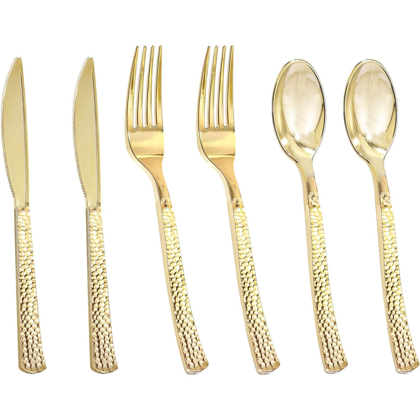 Nervure 300PCS Gold Hammered Plastic Silverware - Heavy Duty Plastic Cutlery - Gold Disposable Utensils Includes 100 Forks, 100 Knives, 100 Spoons Perfect for Wedding & Party
