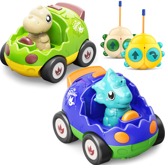 Kidz do 2 Pack Dinosaur Toys Remote Control Cars for Toddlers Ages 2 3 4 5, Christmas Birthday Gifts for 2-5 Year Old Boys, Dinosaur RC Car Toys with Music and Lights (Green Blue)
