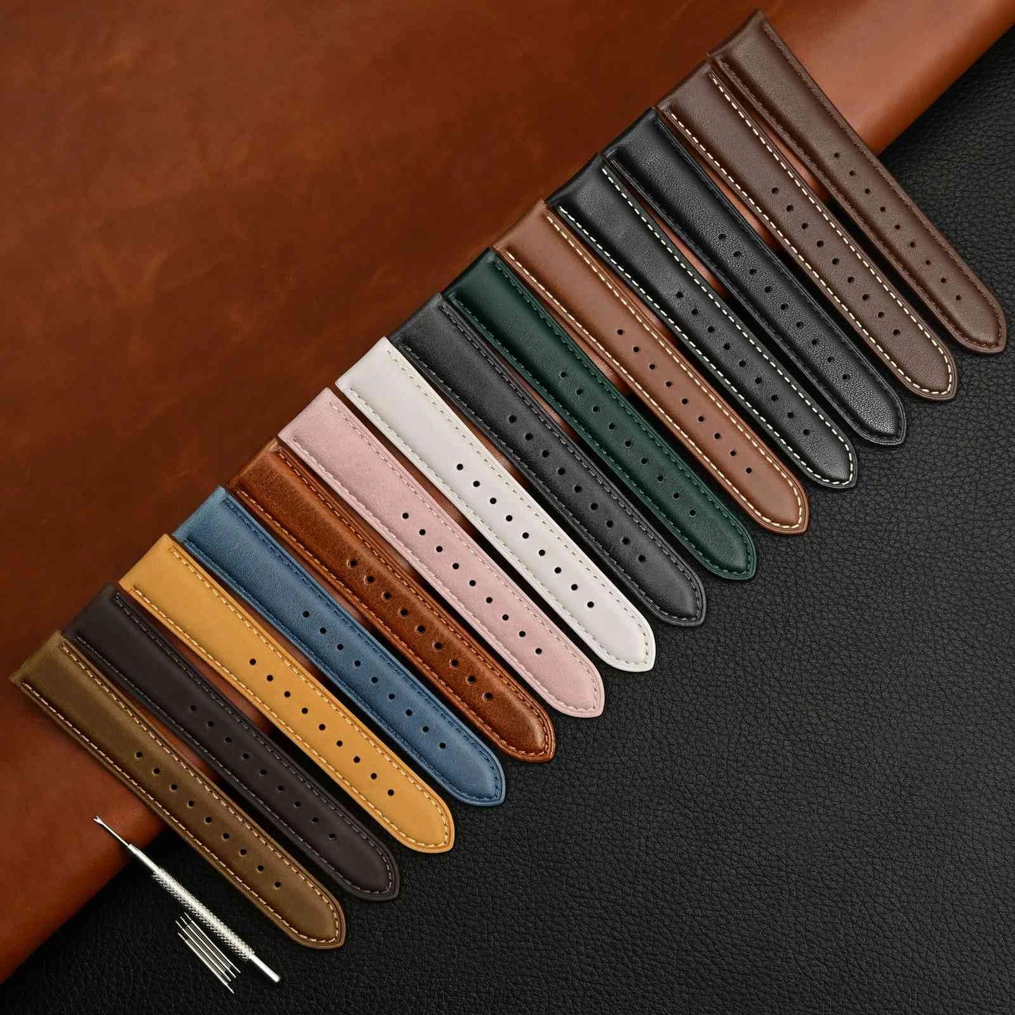 WOCCI 24mm Vintage Leather Watch Band for Men and Women, Silver Buckle (Dark Brown/Contrasting Stitch)
