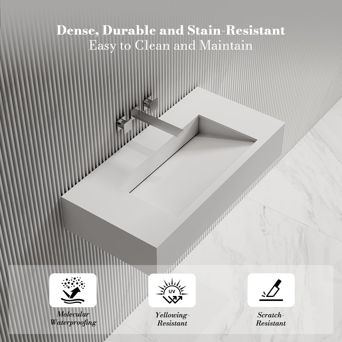 MonBlari 32" White Stone Resin Rectangular Vessel Sink, Wall-Embedded Drain V-Shaped Floating Bathroom Sink, Modern Art Basin for Vanity，Matte White