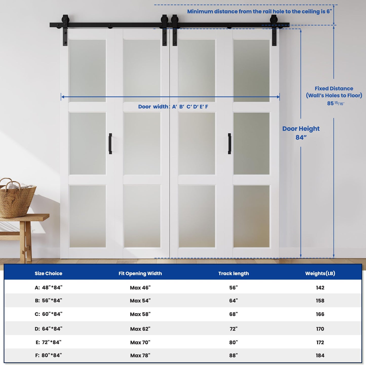 SMARTSTANDARD 48in x 84in Bifold Barn Door, Frosted Glass Barn Door with Hardware Kit Included, Pre-Drilled Holes Easy Assembly -Solid Barn Doors Slab Covered with Water-Proof PVC Surface, White