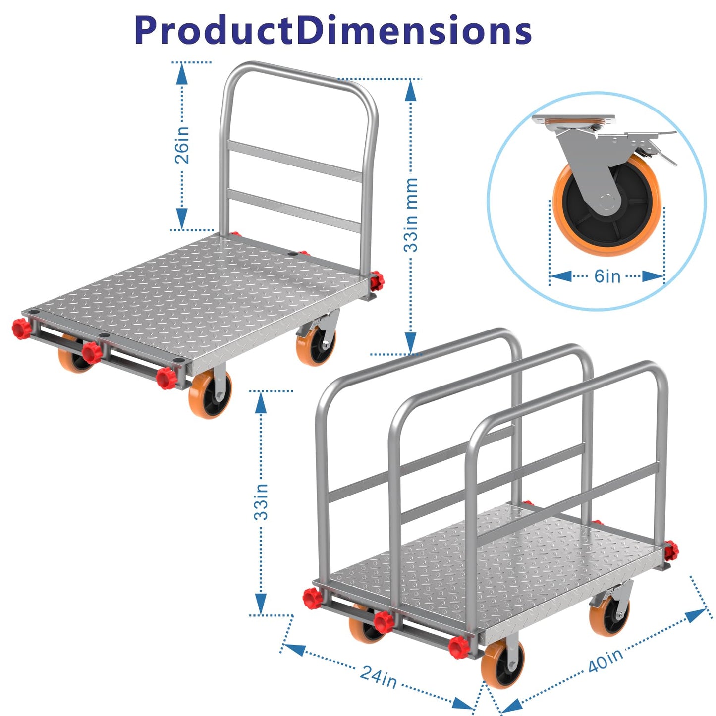 2-in-1 Steel Panel Cart with 2500 lbs Capacity Lumber Drywall Dolly Cart, 6" Swivel Brake Wheels Heavy Duty Table Truck Flatbed Cart with 1Front and 3Side Handrails 40 X 24inch 2mm