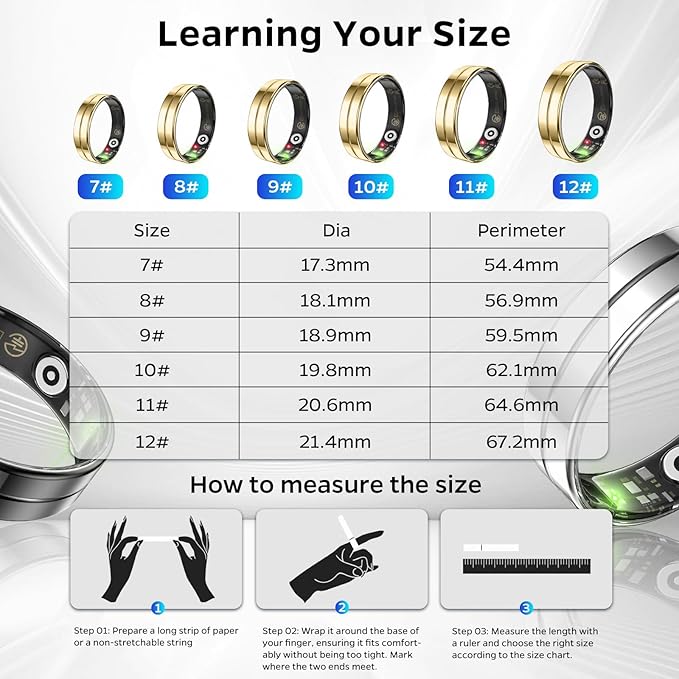 Ultra-Thin Smart Ring for Women Men,Sleep Tracker Ring with Heart Rate, Waterproof Fitness Ring for Activity Monitoring/Steps/Calories,No Subscription Fee,for iSO & Android (Glod,10#)