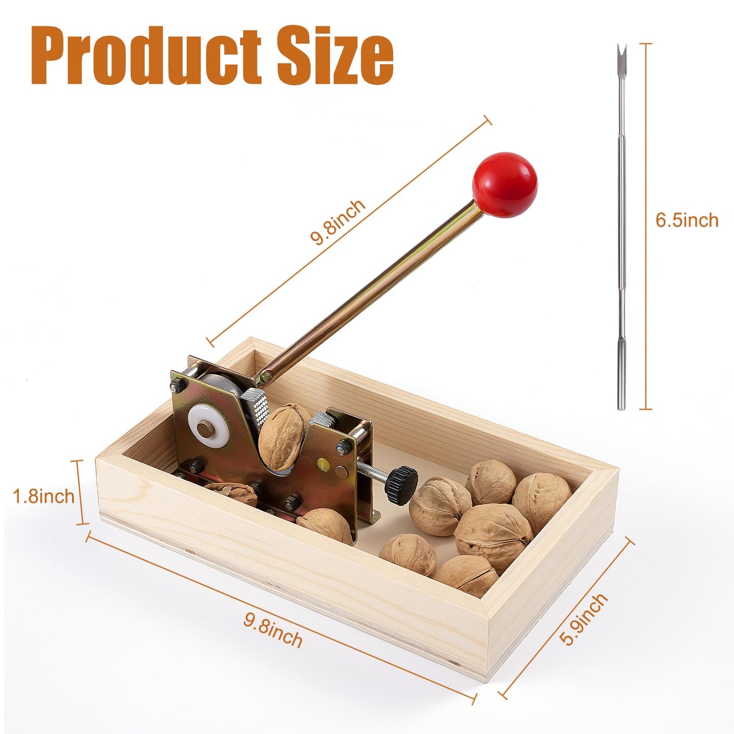 Nut Cracker Tool with Adjustable U-Groove - All-in-One Set with Wooden Storage Base & 4 Steel Picks for Pecans, Walnuts, Macadamia & More