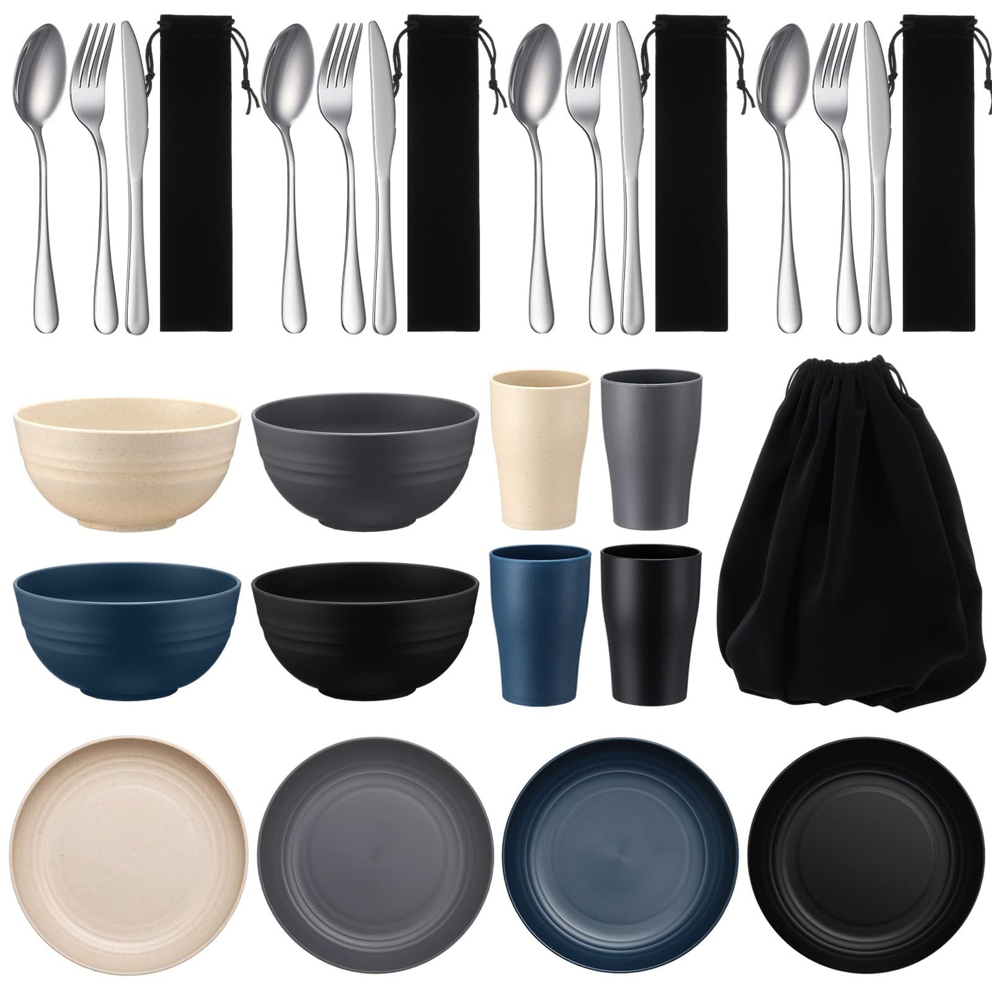 Teenyyou 4 Sets Camping Mess Kits for 4 Person Camping Silverware Set Include Cup, Bowl, Plate, Knife, Spoon, Fork Cutlery Set Unbreakable Wheat Straw Dinnerware Utensils for Travel(Dark Color)