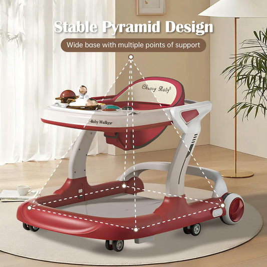 Baby Walker with Wheels Music and Lights with 9 Adjustable Heights Anti-Fall Baby Walker and Bouncer Combo for Boys Girls Babies 6-18 Months (Red and White)