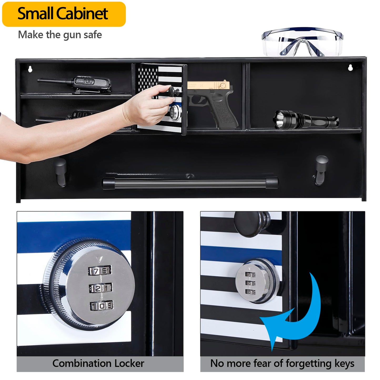 BUYYAH Wall Mounted Police Gear Rack, All Iron Frame with Gun Storage, Combination Lock, Tactical Duty Gear Rack for Home, Office, Police Gift Decor with Flag, Black