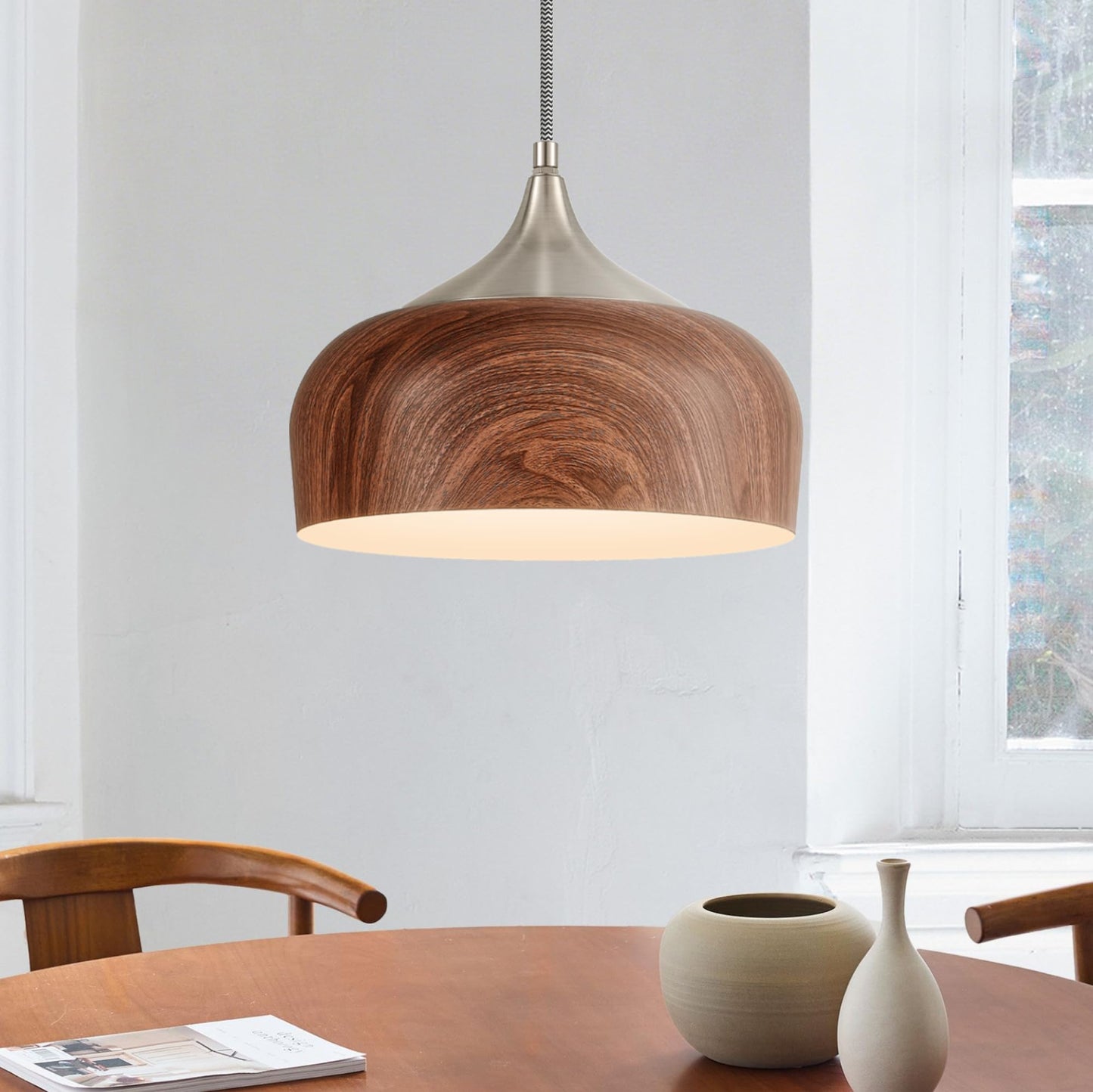 ELYONA Brushed Nickel Pendant Light Wooden Pattern Dome Pendant Light Fixture Nickel Metal Modern Adjustable Hanging Lighting for Kitchen Island Dining Room Office Hallway Foyer Bedroom, 12 Inch
