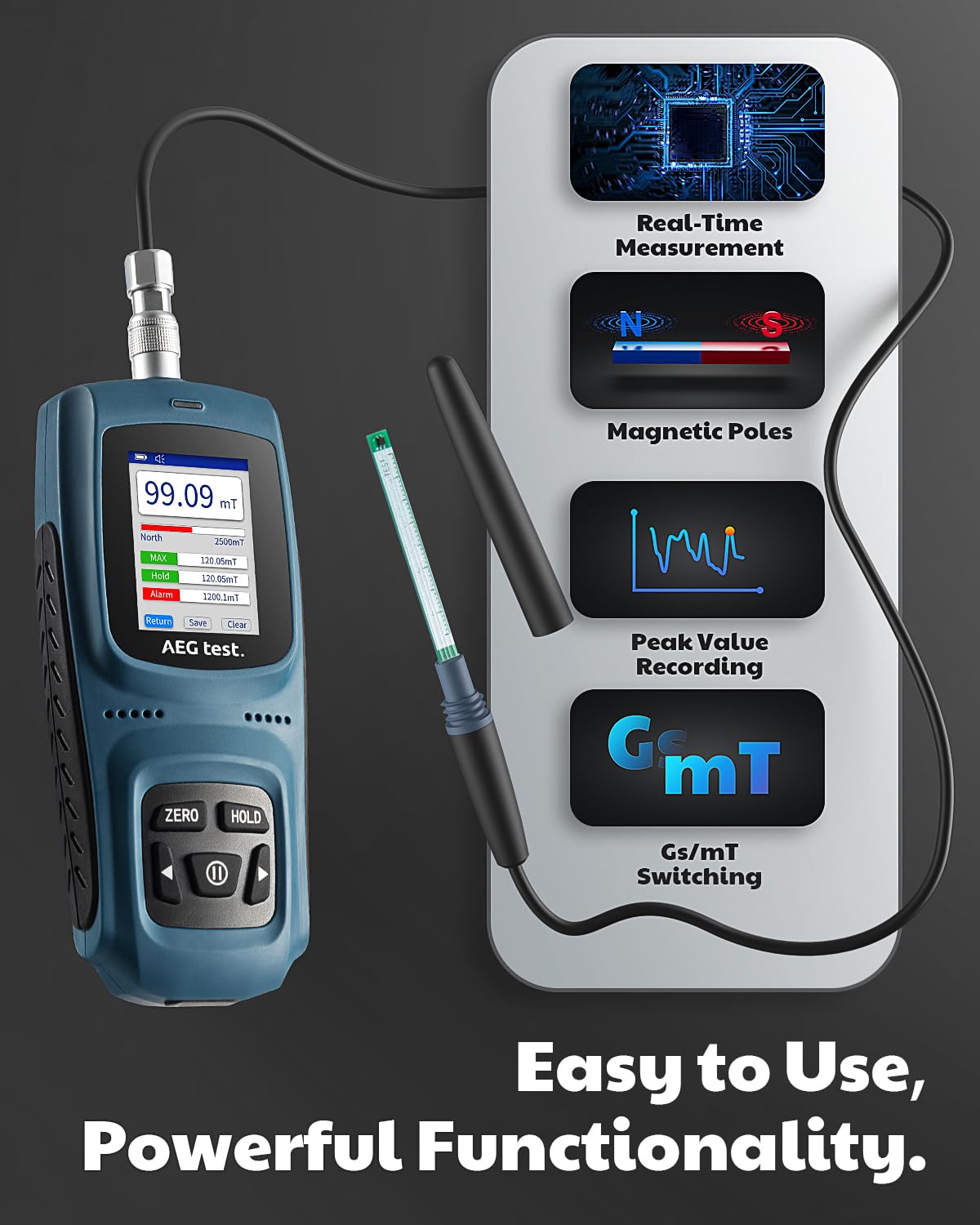 AEGTEST 8103 Gauss Meter, Rechargeable Tesla Meter 0-2500mT, Transverse Probe, Magnetometer with Data Logging and Alarm, Magnetic Field Strength, ±1% Lab-Grade Precision for Research, Calibration