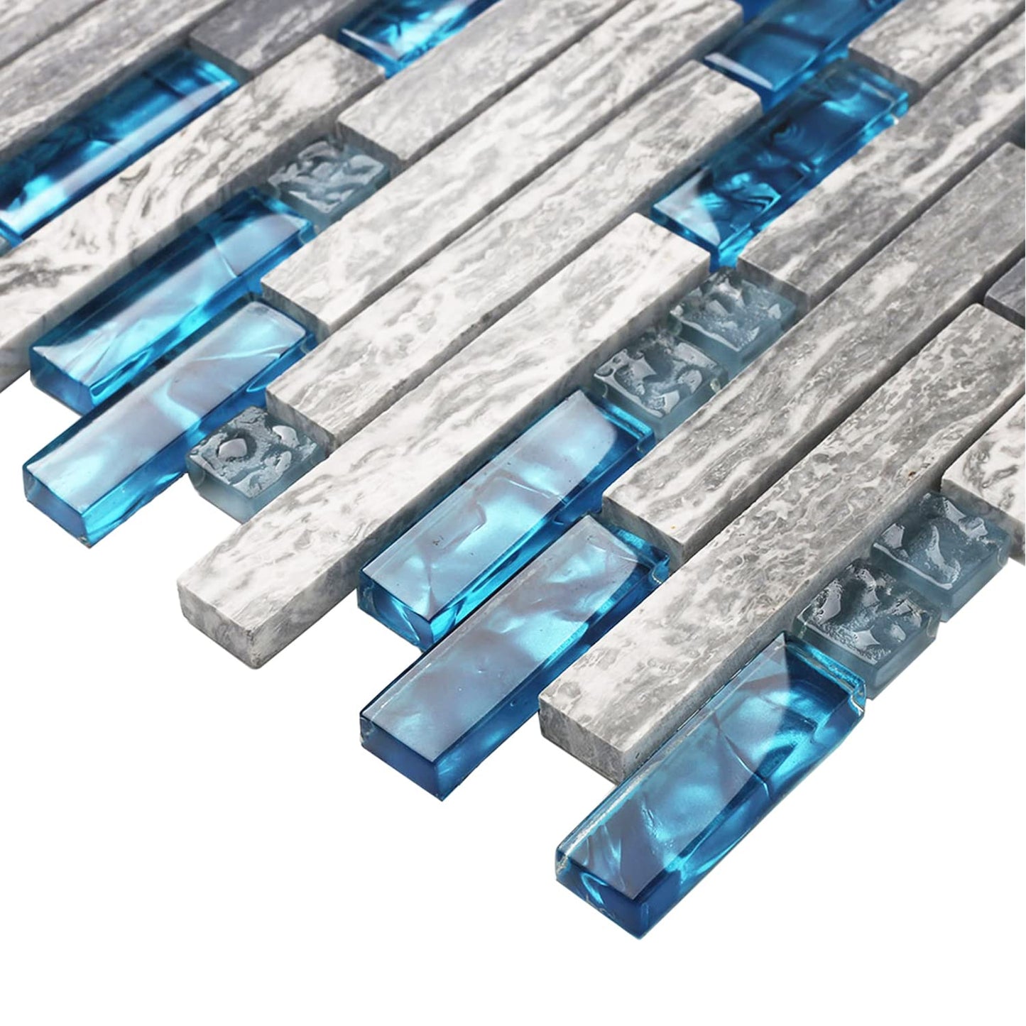 Blujellyfish Gray Marble Tile for Kitchen Backsplash 12 in. x 12 in. x 8 mm Teal Blue Glass Mosaic Bathroom Shower Wall Linear Tiles (Pack of 5 Sheets)