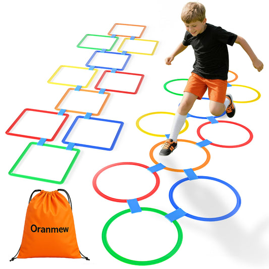 Oranmew Hopscotch Rings – Hoop + Square, 2-Set – (10 Round + 10 Square, 15-inch) + 30 Connectors, Agility Rings for Kids, Gross Motor Skills, Preschool & Kindergarten PE, Playground Obstacle Course