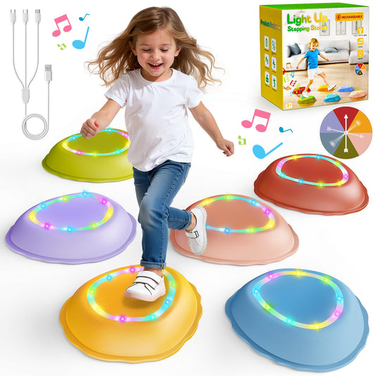 Scvcid Rechargeable Stepping Stones for Kids, 6pcs Non-Slip Balance Sensory Toys for Toddler, Kids Music & Light Up Indoor and Outdoor Play Equipment, Birthday Gifts Toys for 2 3 4 5+ Year Old Kids