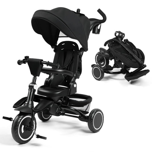 Kinder King Kids Trike Tricycle for Toddlers 1-3, 8 in 1 Folding Toddler Tricycle Bike w/1-Step Brake, Adjustable Push Handle, Rotatable Seat, Adjustable Canopy, Bell, 5-Point Harness, Storage, Black