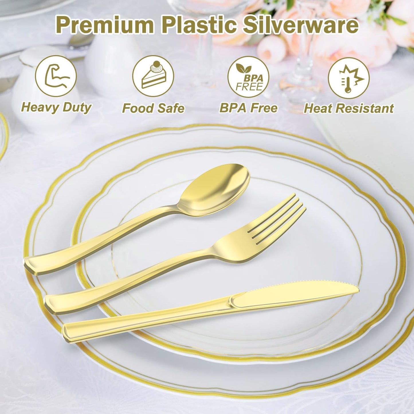 Dealusy 200 Count Heavy Duty Gold Plastic Silverware, 100 Forks, 50 Spoons, 50 Knives, BPA-Free, Heat Resistant, Disposable Plastic Utensils Set Cutlery Set, Plasticware Bulk