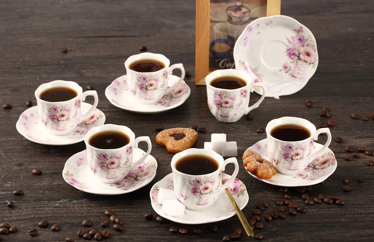 GuangYang 2.5 oz Porcelain Espresso Cups and Saucers Set – Floral Design, Purple Pattern – Gift-Ready, Elegant Mini Coffee Set of 6 for Home or Gifting