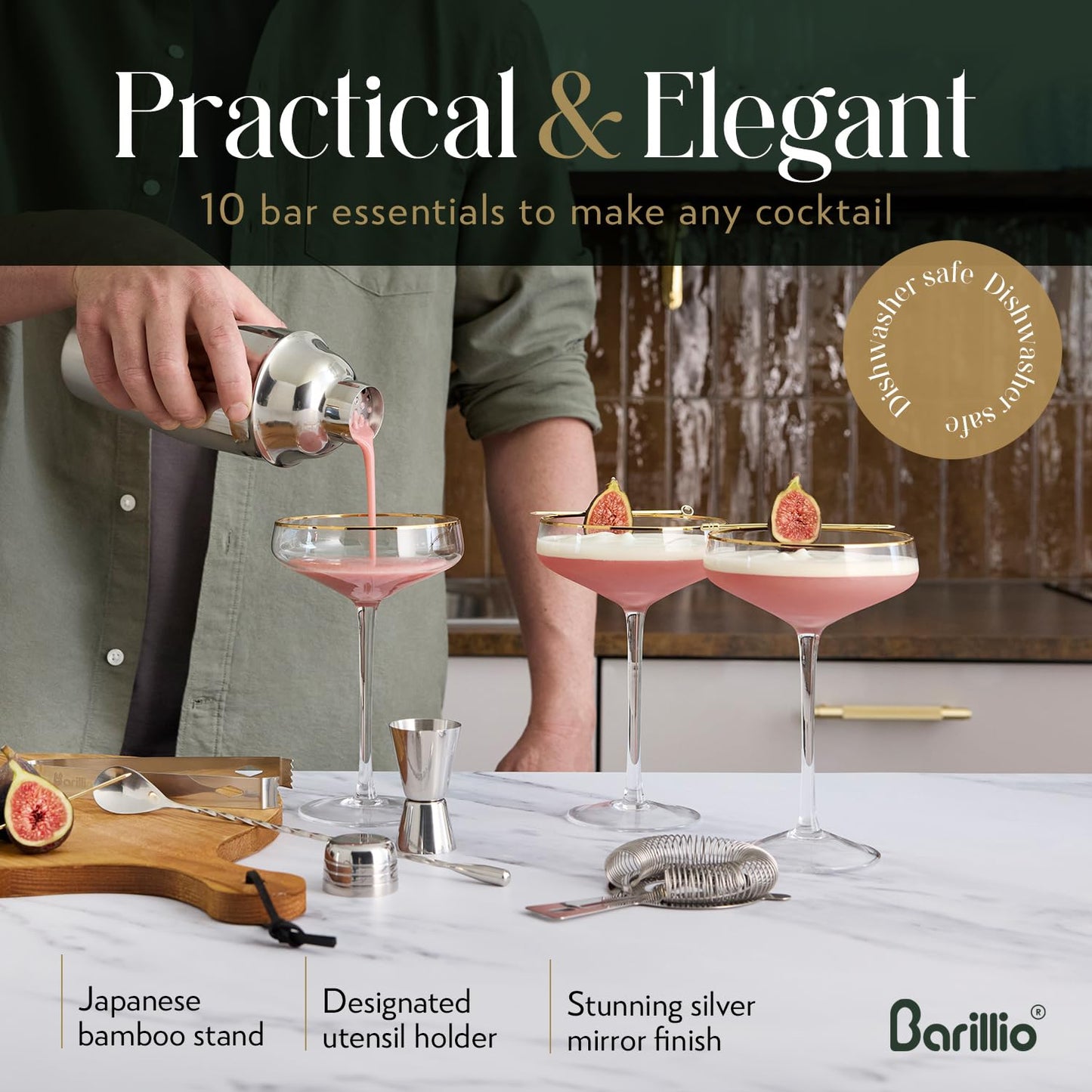 Barillio Bartender Kit - Stainless-Steel Cocktail Shaker Set with Bamboo Stand - Mixology Bar Tools w/Shaker, Drink Mixer Spoon & Muddler for Cocktails - Home Bar Accessories - 10-Pc Bar Set - Silver