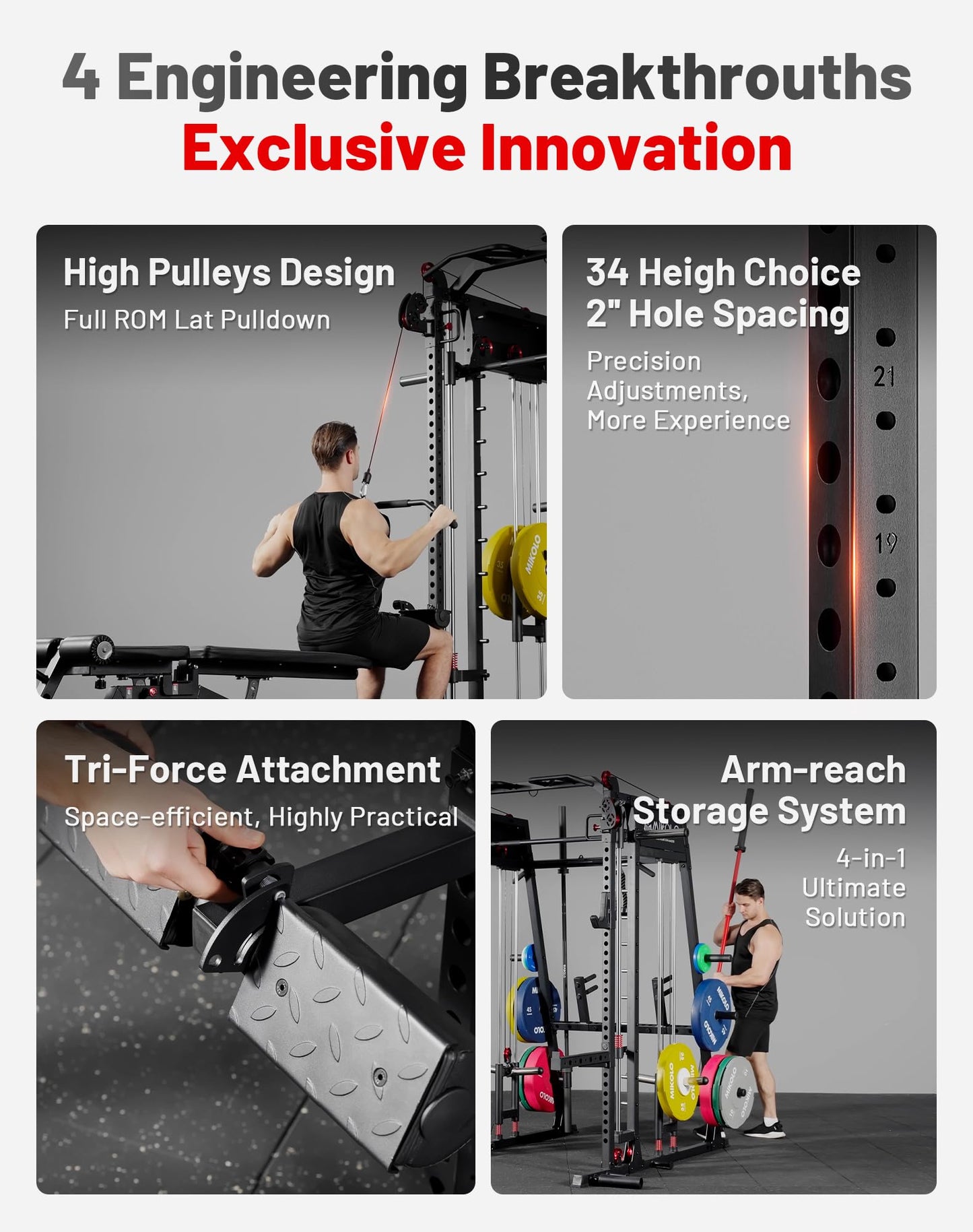 Mikolo Smith Machine with Weight Stack, 2200lbs Squat Rack with LAT-Pull Down System & Cable Crossover Machine, Multi-Function Power Cage, Red
