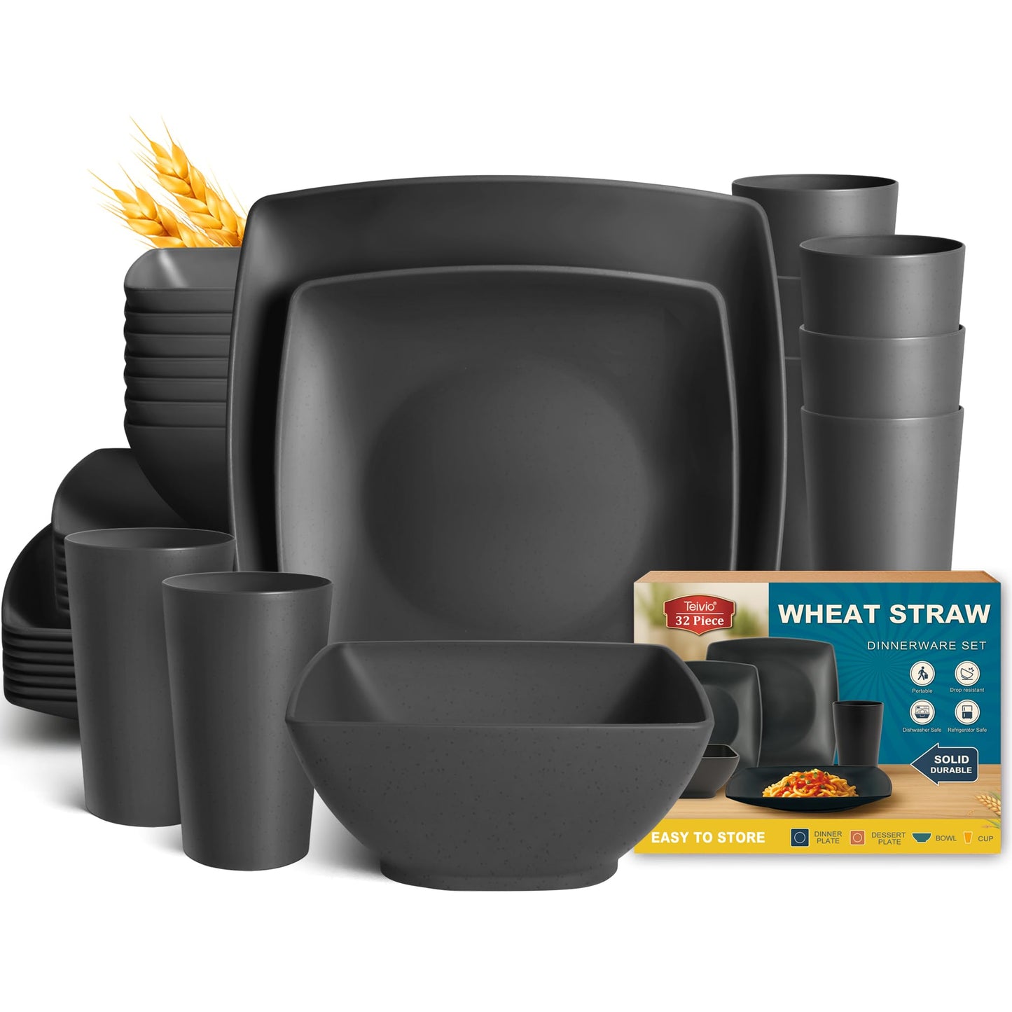 Teivio 32-piece Plastic Wheat Straw Square Dinnerware Set for 8, Unbreakable Dinner Plates, Salad Plates, Snack Bowls, Tumblers, Dishwasher Safe, Outdoor Kitchen Dinning RV Essentials Dish, Black
