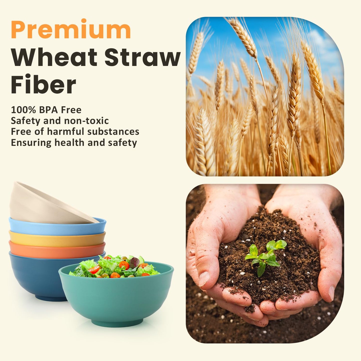 Homienly Unbreakable Large Wheat Straw Bowls 60 OZ Salad Bowls for Kitchen, Party, RV, Lightweight Camping Bowl Set Microwave and Dishwasher Safe Big Popcorn Bowl, Stackable (Multi, 6 PCS)
