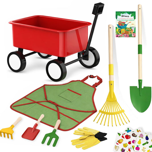 Qtioucp Kids Gardening Wheelbarrow Set, Metal & Wooden Garden Tools for Kids Ages 3-8, Real Wheelbarrows with Apron, Gloves & STEM Guide, Outdoor Backyard Garden Toy Gift