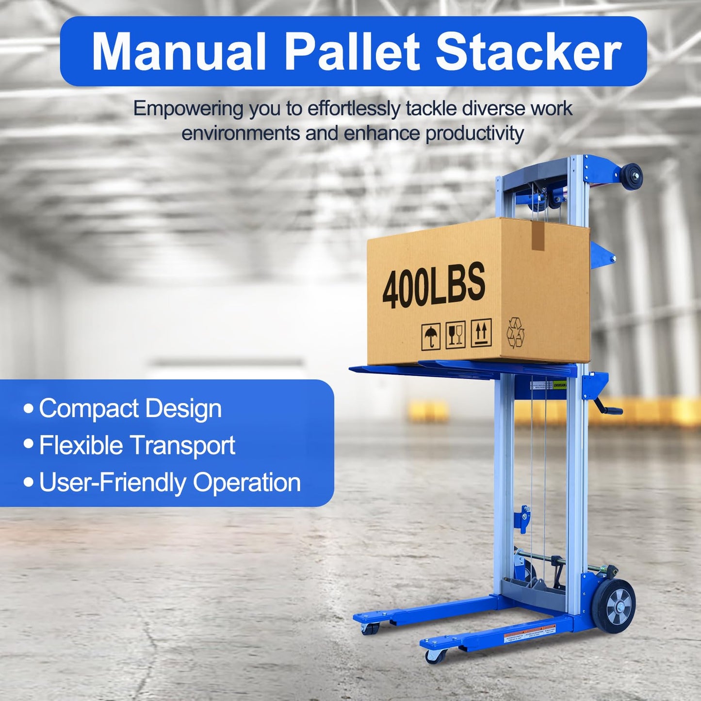 EPOFIT Material Lift Winch Stacker, 400 lbs Capacity, 122" Max Raised Height, Fixed Straddle Hand Winch Lift Trucks for Warehouse, Factory, Library, 34.60" L x 24.80" W