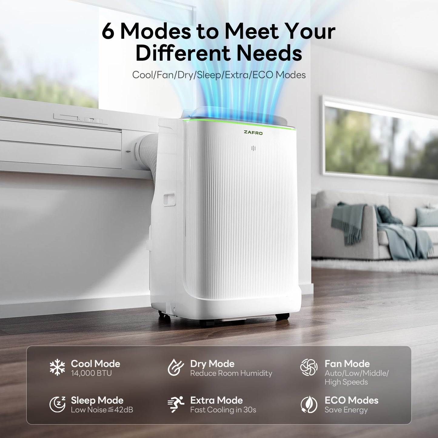 ZAFRO Smart Inverter Portable Air Conditioners, 14000 BTU (10000 BTU SACC) Dual Hose Portable AC Unit with Energy Saving/Ultra Quiet(42dB 2026)/Drainage-free Cool/APP/Remote for Multi-Scenario Use