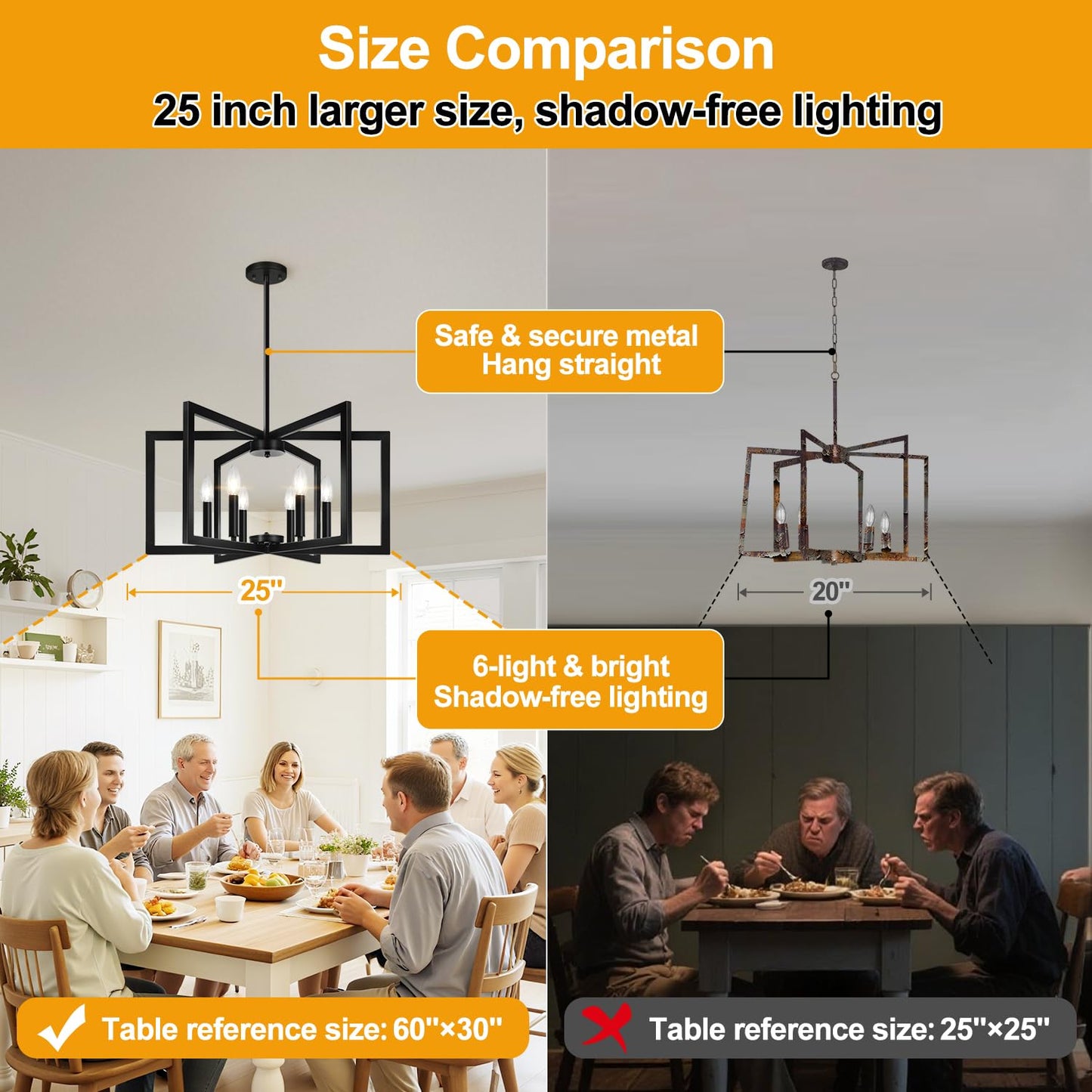 25" Modern Matte Black Chandelier for Dining Room, No Assembly Required Black Dining Room Light Fixture Over Table, Industrial Metal Hanging Pendant Lights Fixture for Kitchen Island, Entryway, Foyer