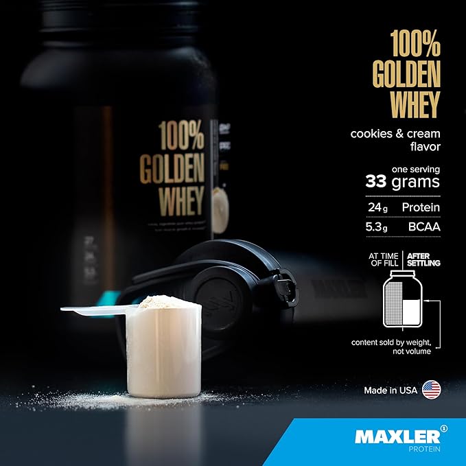 Maxler 100% Golden Whey Protein - 24g of Protein per Serving - Premium Whey Protein Powder for Pre Post Workout - Fast-Absorbing Whey Concentrate, Isolate & Hydrolysate Blend - Cookies & Cream 2 lb