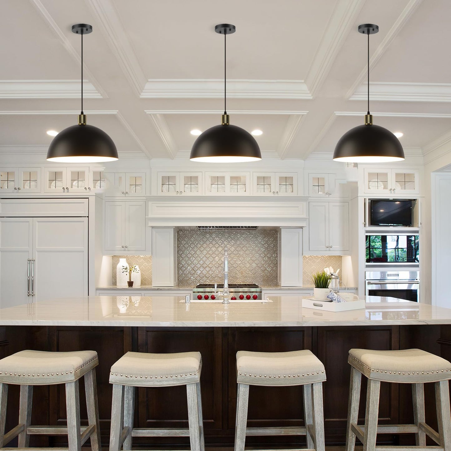 Karjearl Black Pendant Light Fixtures, 15.7 Inch Large Dome Pendant Lighting Farmhouse Vintage Chandelier for Kitchen Island Dining Room
