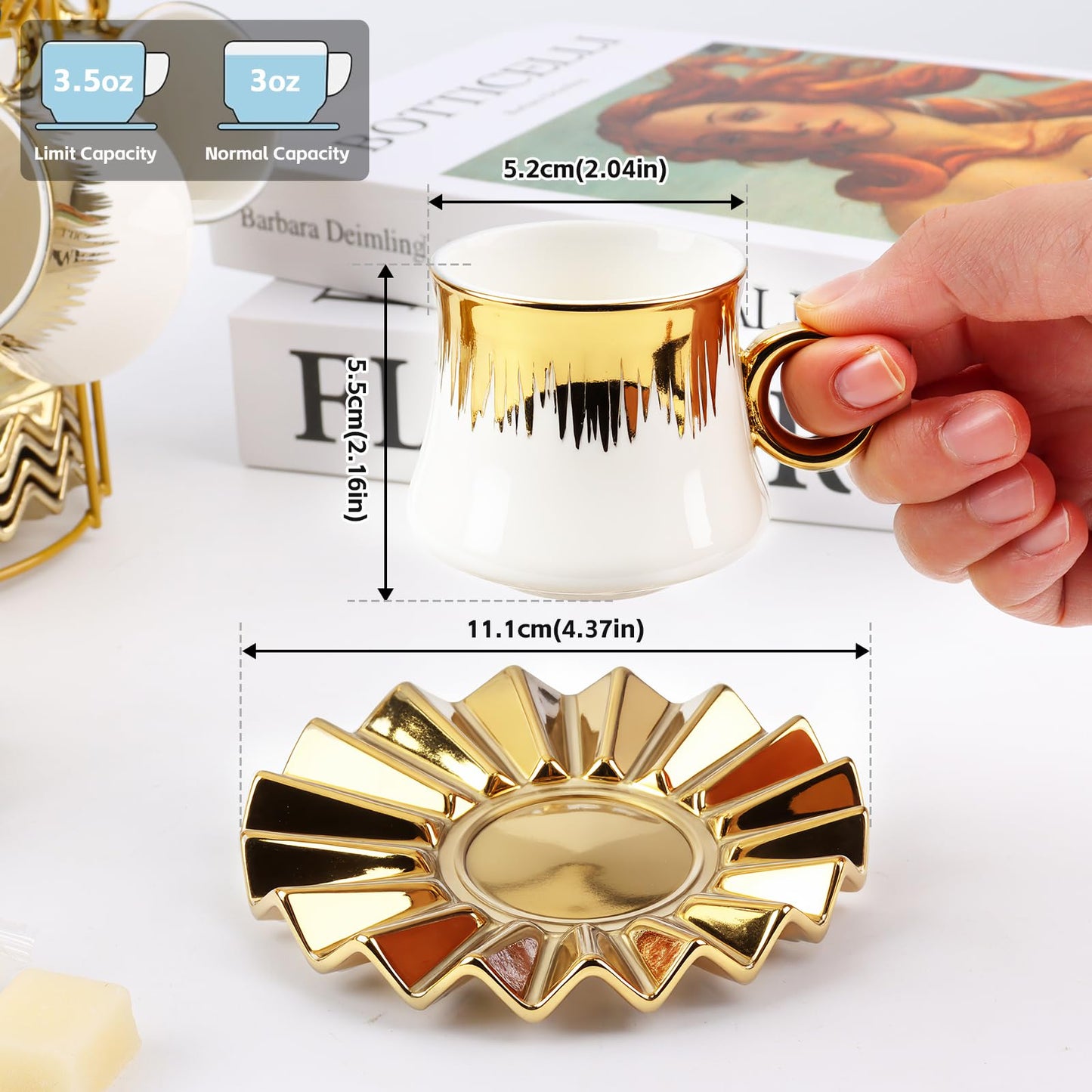 3.5oz Ceramic Espresso Cups Set of 6, Small Stackable Coffee Cups with Saucers, Ottoman-Style Turkish Coffee Cup Set for Tea, Espresso, Latte, Coffee, Cafe Mocha, Black Gift Box with Window(White)