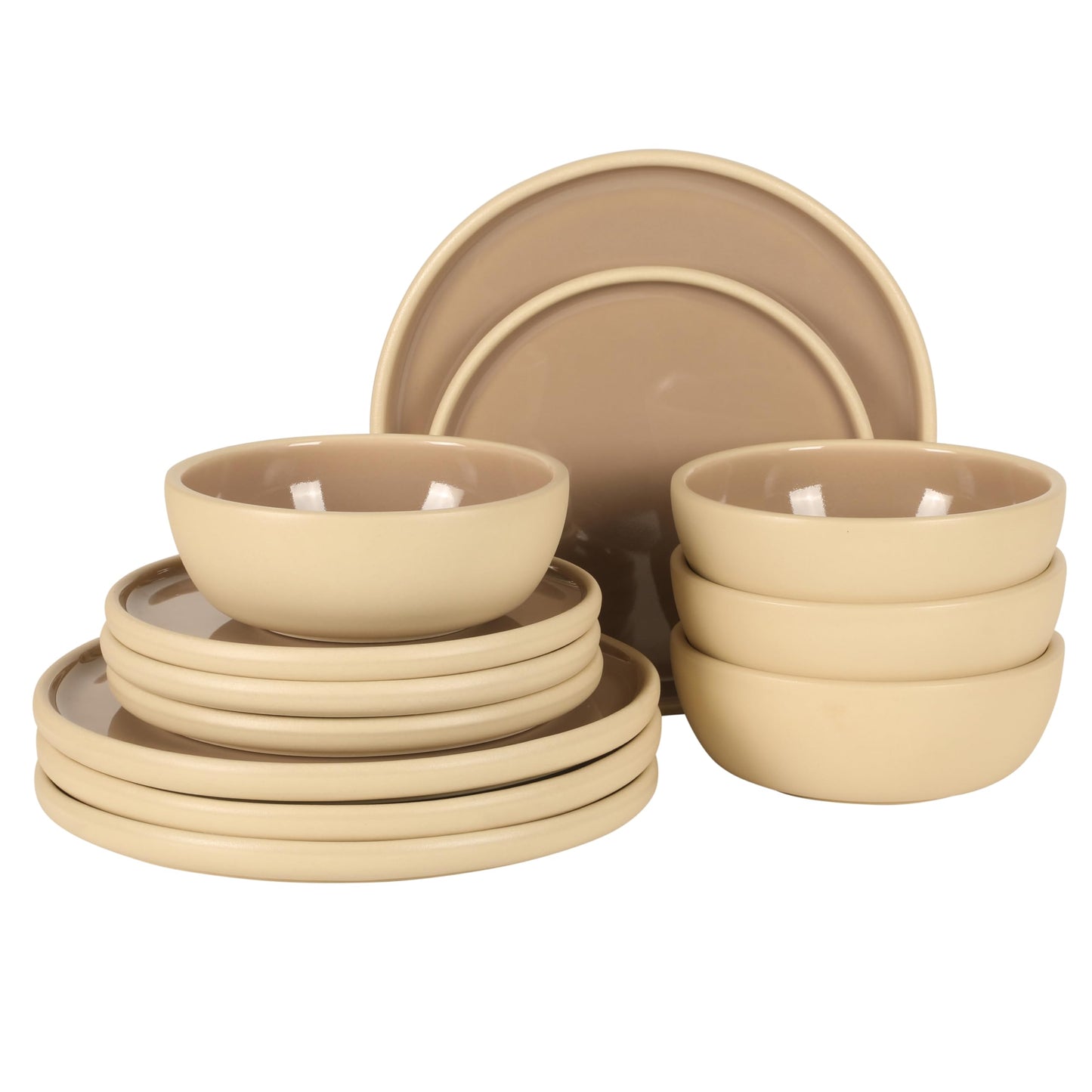 Gibson Elite - Made in Portugal - Port Gaia 12 Piece (Service for 4) Plates and Bowls Reactive Glaze Dishes Stoneware Ceramic Dinnerware Set - Taupe