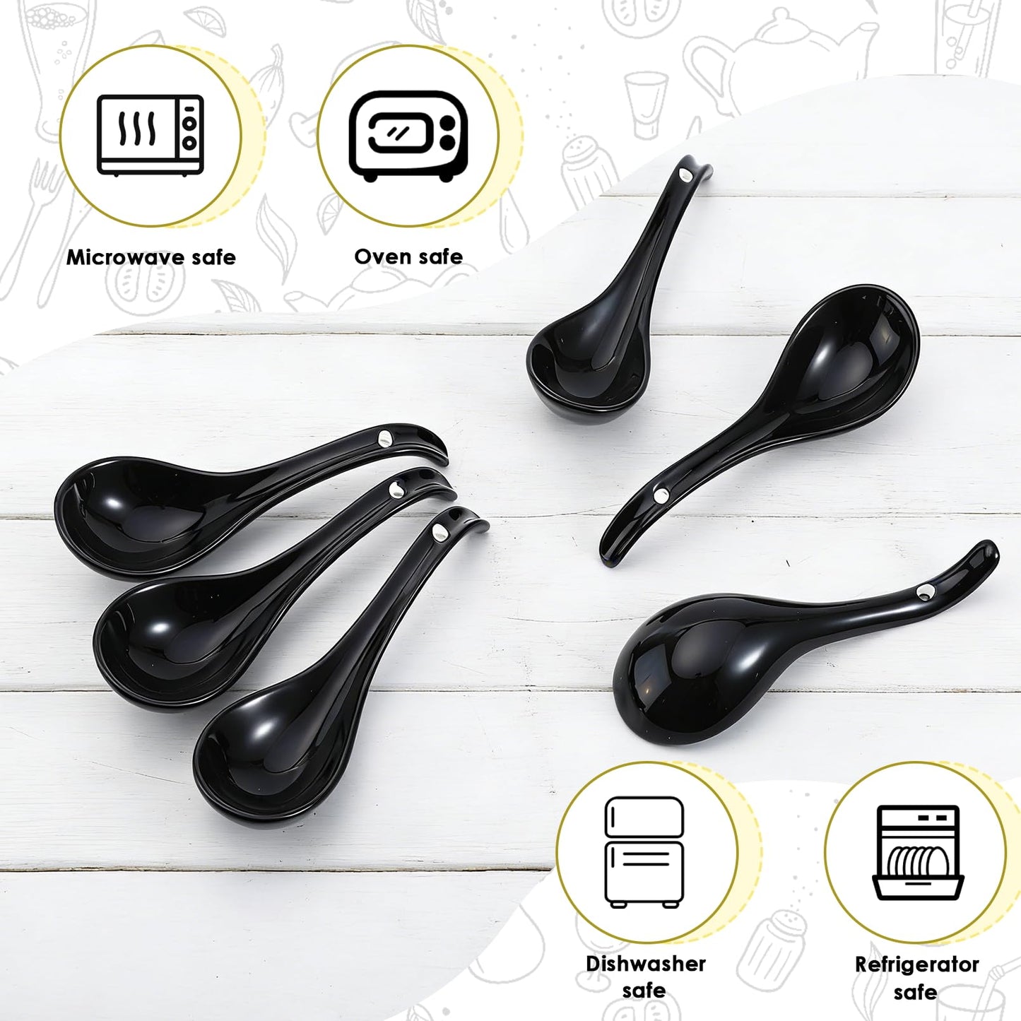 PUREZON 6 PCS Asian Soup Spoons, 6.55 inch Black Kitchen Spoons, Ceramic Deep Oval Hook Design, Chinese Ramen Spoon for Dumpling, Noodles, Miso