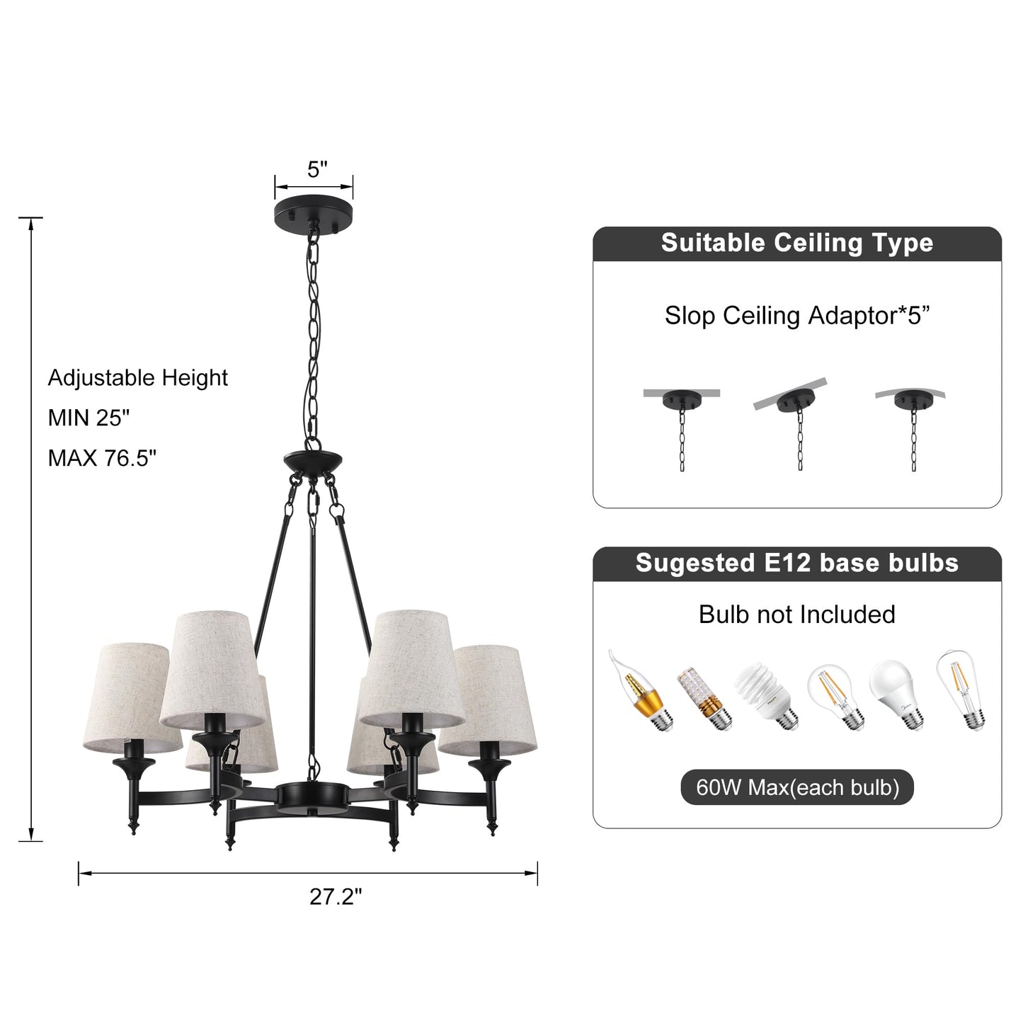 Xeruyiwa Black Industrial Farmhouse Chandelier, 27.2" 6-Light Pendant Light with Linen Fabric Shades, Adjustable Hanging Fixture for Kitchen Island Dining Room Bedroom Entryway