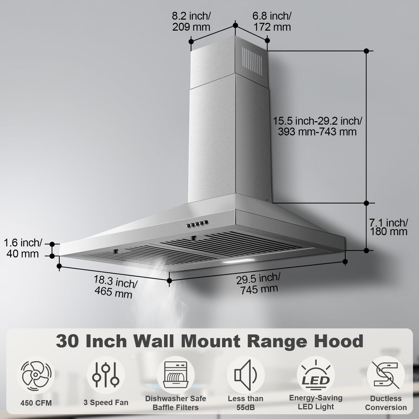 Zomagas Range Hood 30 inch, Wall Mount Range Hood Ducted/Ductless, Kitchen Hood in Stainless Steel, Vent Hood with Baffle Filters, 3 Speed Fan, Push Button Control, Energy-Saving LED Light