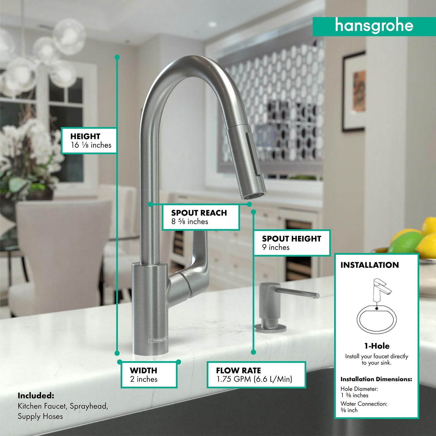 hansgrohe Focus Stainless Steel High Arc Kitchen Faucet, Kitchen Faucets with Pull Down Sprayer, Faucet for Kitchen Sink, Magnetic Docking Spray Head, Stainless Steel Optic 04505800, 1.75