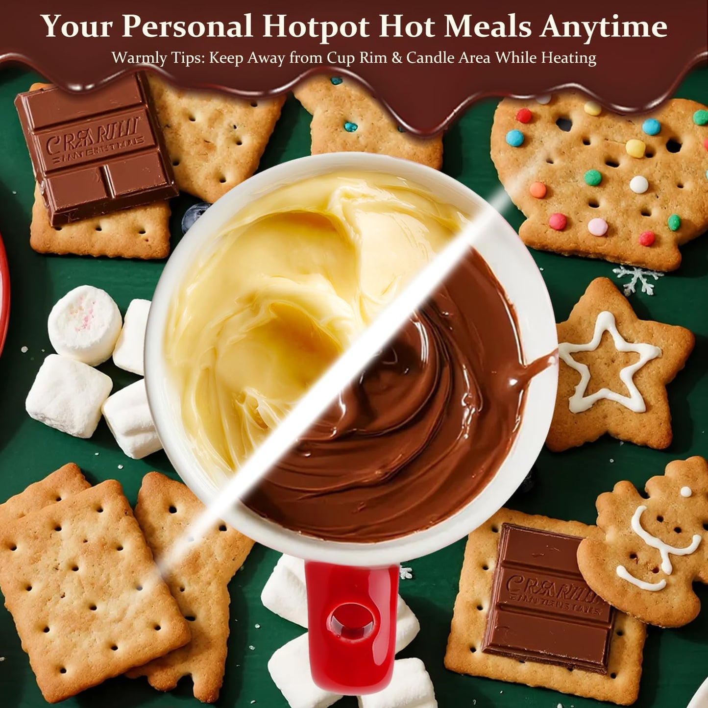 HANEVEAR Chocolate Fondue Mug, Mini Personal Chocolate Melting Mug with 4 Forks and 4 Tealights, Ceramic Fondue Cup for Cheese, Butter - Birthday Gift, Date Night & Wedding Celebrations