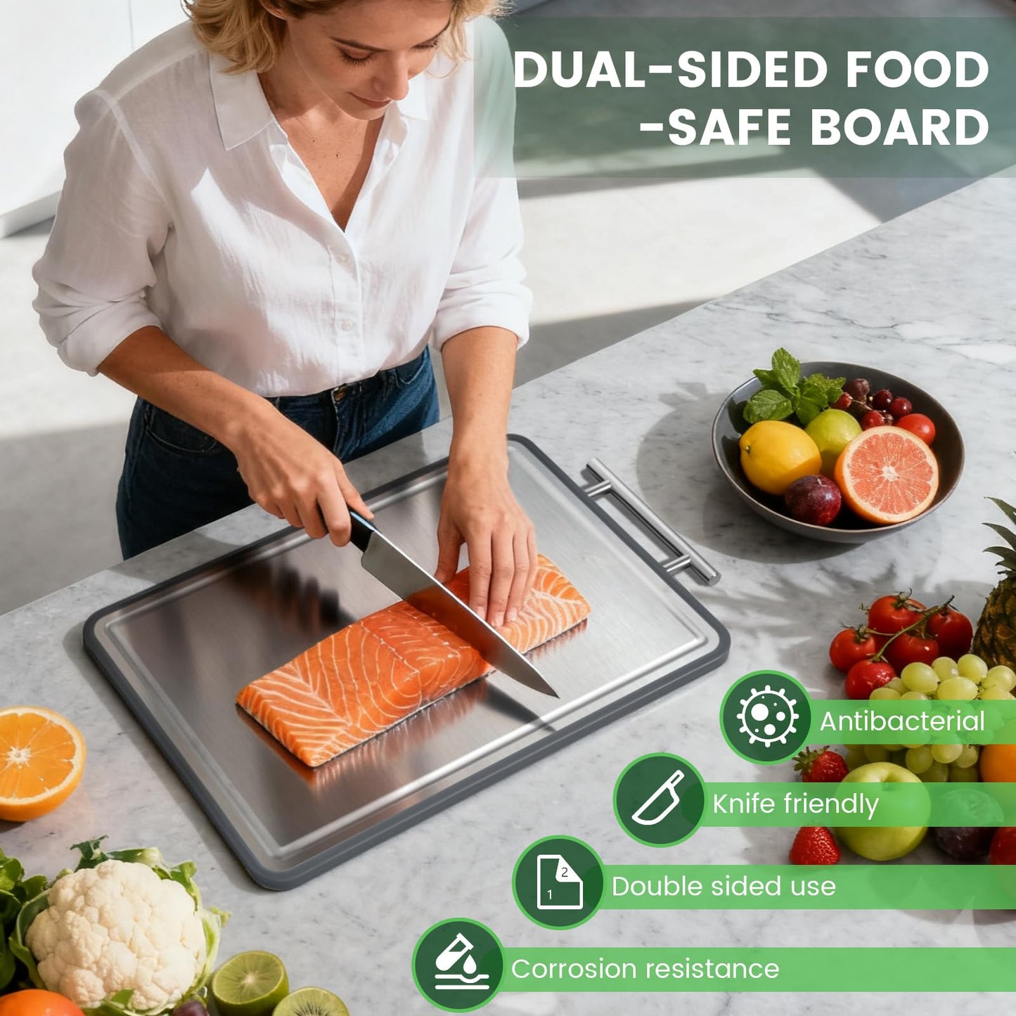 Stainless Steel Cutting Board 8x10" and 15x11", IDekooror Double Sided Steel Chopping Board for Kitchen, Steel and Wheat Straw PP 2-in-1 Cutting Board for Meat Vegetables Fruits, Dishwasher Safe